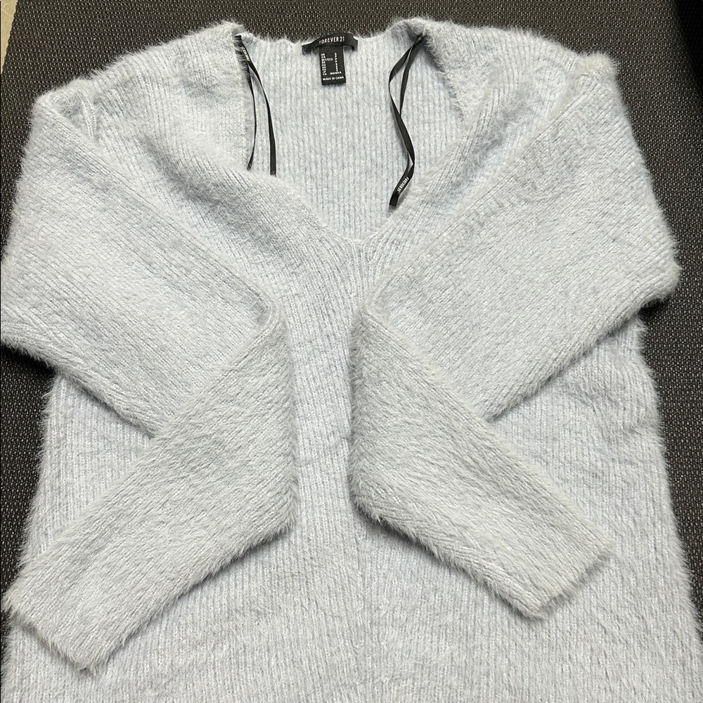 Fuzzy Light Blue Gray V-Neck Sweater